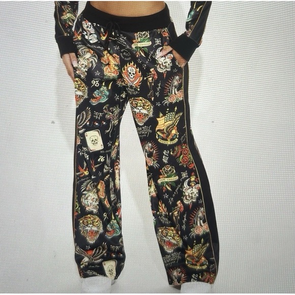 Ed Hardy Pants - Ed Hardy Flashboard Track Pant Black Gold Embroidered Size Medium Tiger Skull‎